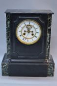 A LATE 19TH CENTURY FRENCH MIROY FRERES OF PARIS BLACK SLATE EIGHT DAY MANTEL CLOCK, rectangular