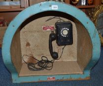 A VINTAGE FRENCH OUTELEC TELEPHONE WALL MOUNT BOOTH, blue painted metal outer, cream interior,