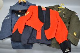 A BOX CONTAINING FOUR SETS OF MILITARY UNIFORMS, from WWII era, two RAF and cap with badge, one Mess