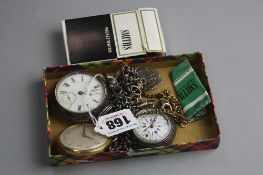 TWO SILVER POCKET WATCHES, two plated watches, two silver chains etc