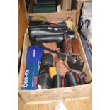 A BOX OF CAMERA EQUIPMENT, modern and vintage, including Canon, Olympus, Nettar, Lumiere, etc