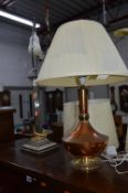 A SILVER PLATED COLUMN STYLE TABLE LAMP, and a copper table lamp with shade (2)