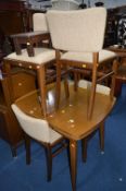 AN 0AK DRAW LEAF TABLE, and four chairs (G Plan Brandon style), a Beautility sideboard and a small