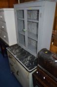 A VINTAGE ALUMINIUM KITCHEN CUPBOARD, with a two tone painted finish and marble effect covering to