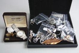 A BOX OF MIXED SILVER AND COSTUME JEWELLERY, etc