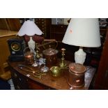 A SLATE MANTLE CLOCK, a pair of table lamps and a quantity of brass and copper including a kettle,