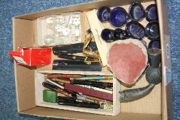 A BOX OF MISCELLANEOUS, to include pens, ball points, blue liners, glass stoppers etc and a