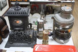 A MINERS LAMP, a smaller one, a signal lamp converted to electric and a Wright & Butler heater (4)