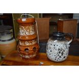 THREE VARIOUS WEST GERMAN VASES, and a glazed table lamp (4)