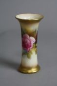 A ROYAL WORCESTER BUD VASE, hand painted with pink roses and foliage, signed by Molly Hunt, shape No