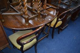 AN OAK BARLEY TWIST GATE LEG TABLE, four oak chairs and three Victorian balloon back chairs (8)