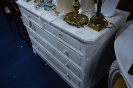 A PAINTED OAK CHEST, of two short and three long drawers (key)