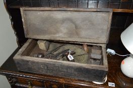 A VINTAGE TOOL BOX, containing various tools including a Record No 4 smoothing plane, etc