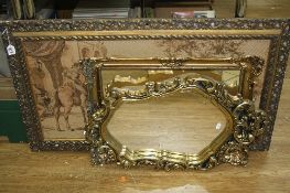 TWO 20TH CENTURY GILT FRAMED MIRRORS, together with a machined tapestry of a Spanish town scene (3)