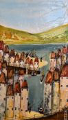 ROZANNE BELL, an oil on board of houses and a harbour, signed by the artist, 60cm x 35.5cm,