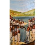 ROZANNE BELL, an oil on board of houses and a harbour, signed by the artist, 60cm x 35.5cm,