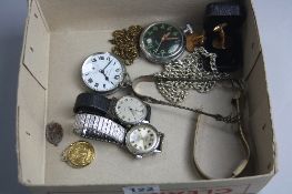 A BOX OF MISCELLANEOUS, to include two pocket watches, three wristwatches, silver sugar tongs,