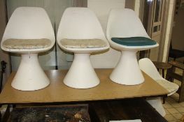 A SET OF FOUR ARKANA OF BATH MUSHROOM WHITE PAINTED PLASTIC CHAIRS, conical bases, padded seat pads,