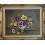 CHRISTINE FORSHAW, 'Bowl of Pansies', an oil on board, signed and dated 2000, 40cm x 30cm, framed