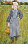 KARL HARRIS, an oil on canvas of a Milkmaid, initialled and dated, 38cm x 24cm, unframed
