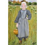 KARL HARRIS, an oil on canvas of a Milkmaid, initialled and dated, 38cm x 24cm, unframed