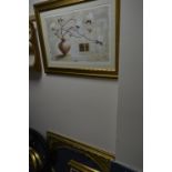 A MODERN GILT FRAMED PICTURE, a gilt framed wall mirror and two other pictures (4)