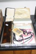 A BOX OF MIXED COSTUME JEWELLERY ETC