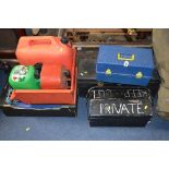 THREE TOOLBOXES, two trays containing tools and a shoe last on stand (5)