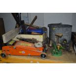 A TRAY OF TOOLS, two jacks, shoe last, galvanised bucket and mincer etc