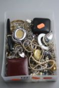 A BOX OF MIXED SILVER AND COSTUME JEWELLERY ETC
