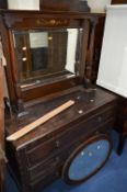 AN OAK DRESSING CHEST OF THREE DRAWERS, with mirror (no arms), an Edwardian overmantle mirror, a