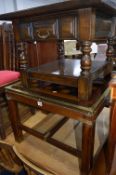 A MAHOGANY BRASS BOUND COFFEE TABLE, another coffee table and a carved shelf (3)