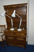 AN OLD CHARM OAK LINENFOLD DRESSER, with two drawers, approximate size width 93cm x height 75cm x