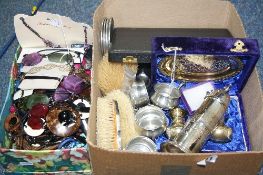 TWO BOXES OF MIXED COSTUME JEWELLERY, silver plate, pewter etc