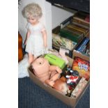 A QUANTITY OF DOLLS AND COLLECTABLES, boxed Boots Audio Television Game, TG100 (not tested),
