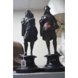 TWO SPELTER GENTLEMEN FIGURES, on wooden plinths, approximate heights 34cm, (one missing arm) (2)