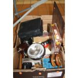 A BOX OF COLLECTABLES, to include Ebbco Sextant bakelite dial, dominoes, cribbage boards, Milwards