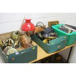 THREE BOXES AND LOOSE SUNDRY ITEMS, to include brass, copper records, oil lamp, scales, handbags