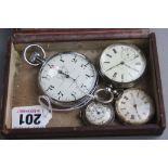 THREE SILVER CASED WATCHES, and a stopwatch