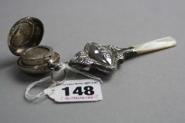 A SILVER SOVEREIGN CASE, Birmingham 1906 and a silver rattle marked 'Baby', Chester 1904