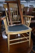 A VICTORIAN ASH ARMCHAIR, with turned spindles, a modern dining chair and a painted chair (3)