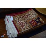 HERIZ STYLE CARPET, red, blue and beige ground, multi strap border, approximate size 228cm x 160cm