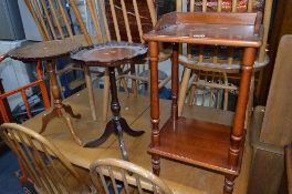 A SMALL MODERN MAHOGANY SOFA TABLE, two wine tables and a bedside unit (4)
