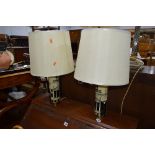 A PAIR OF CONTINENTAL STYLE TABLE LAMPS, with shades, umbrella stand with contents including a