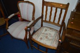 A MAHOGANY FRENCH STYLE ARMCHAIR, an oak elbow chair and two other chairs (4)