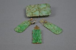 JADEITE COLLECTION, to include a green jadeite oblong shaped carved pendant, in a simple oriental