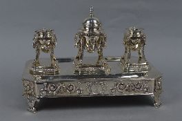 A GEORGE III SILVER STANDISH OF NEO-CLASSICAL DESIGN, the rectangular tray with canted corners