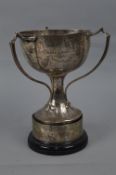 A GEORGE VI ELKINGTON & CO LTD SILVER TROPHY CUP, with three sinuous handles, circular bowl,