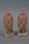A PAIR OF LATE 19TH CENTURY WORCESTER RETICULATED VASES AND COVERS, domed covers with ball