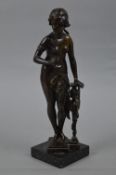 A 20TH CENTURY BRONZE OF A SCANTILY CLAD YOUNG WOMAN, her hair tied back in a ribbon, her right